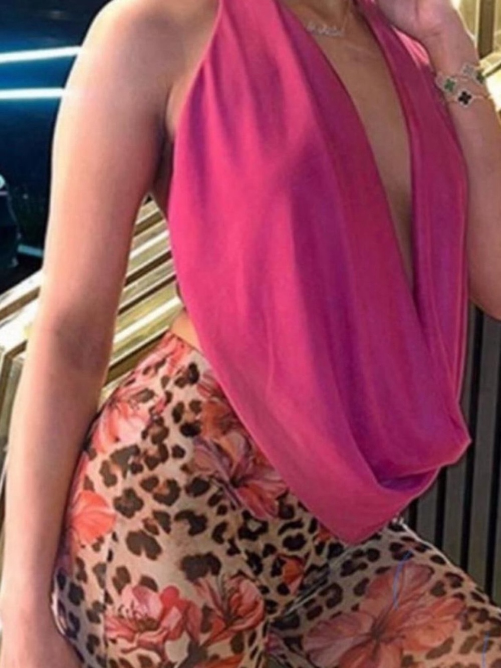 Pink Draped  backless Halter Top with Floral Leopard Print Pants